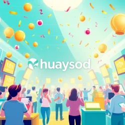 Engaging illustration of users interacting with huaysod's online lottery platform, showcasing vibrant lottery balls and digital excitement.