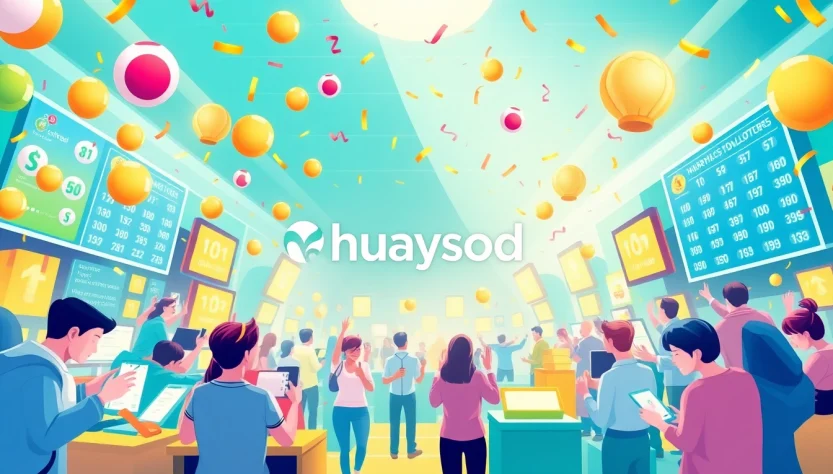 Engaging illustration of users interacting with huaysod's online lottery platform, showcasing vibrant lottery balls and digital excitement.