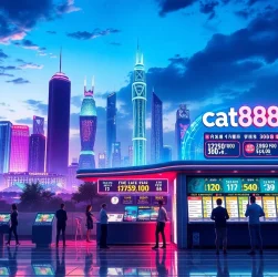 Experience the excitement of cat888 in a vibrant lottery landscape with neon lights and modern interfaces.