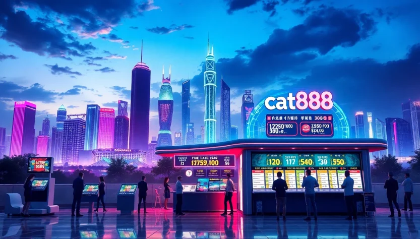 Experience the excitement of cat888 in a vibrant lottery landscape with neon lights and modern interfaces.