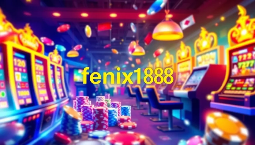 Experience the thrilling world of fenix168 with vibrant gaming elements like slots and poker chips.