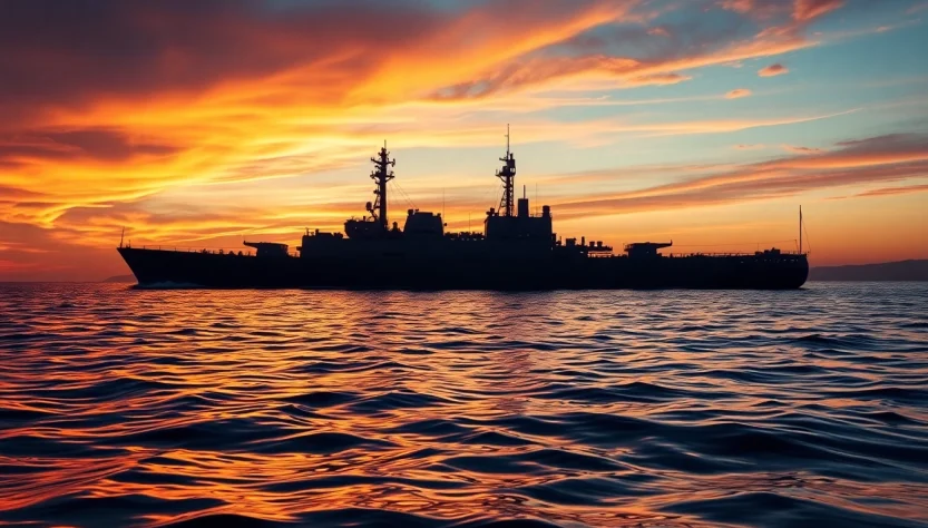 Explore the USS lsm44, showcasing its proud silhouette against a vibrant sunset.