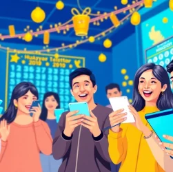 Experience the excitement of huaysod lottery players engaging with their devices in a vibrant online setting.