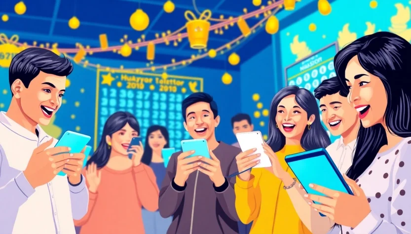 Experience the excitement of huaysod lottery players engaging with their devices in a vibrant online setting.