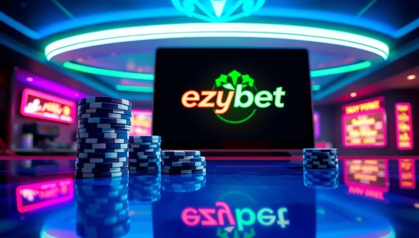 Ezybet logo showcased in a thrilling online betting scene with chips.