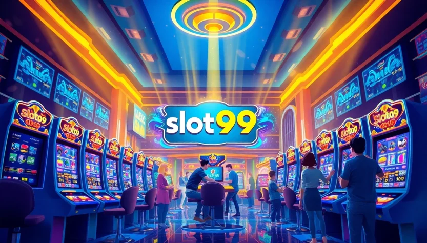 Experience vibrant online gaming with slot99, showcasing engaging slot machines and a lively atmosphere.