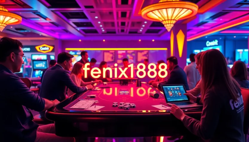 Experience the excitement of fenix168 online gaming with vibrant neon visuals, players, and table action.