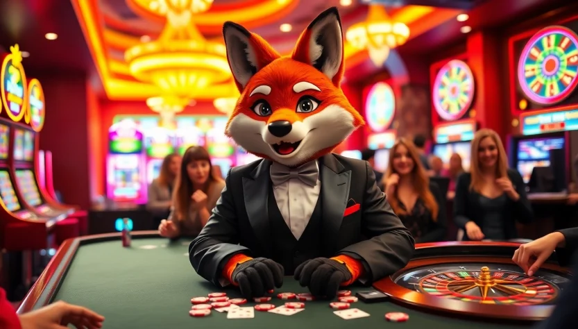 Excited players engaging with the fox888 casino mascot at a lively gaming table.