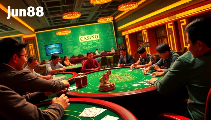 Experience the excitement of professional gaming at jun88's vibrant casino table.