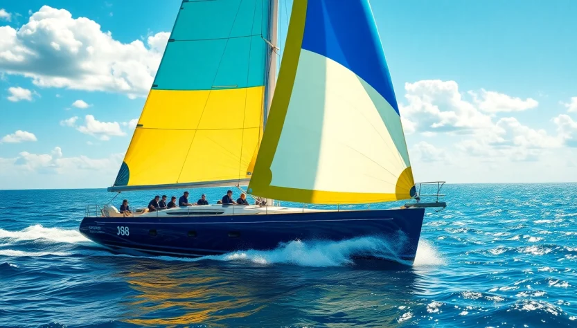 J88 sailboat racing across lively waves with unfurled vibrant sails under a bright blue sky.