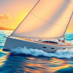 J88 sailboat gliding effortlessly on ocean waves during sunset.