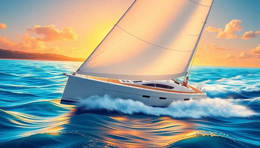 J88 sailboat gliding effortlessly on ocean waves during sunset.