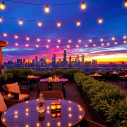 NoHu Rooftop Bar offers stunning Manhattan skyline views at sunset, enhancing your cocktail experience.