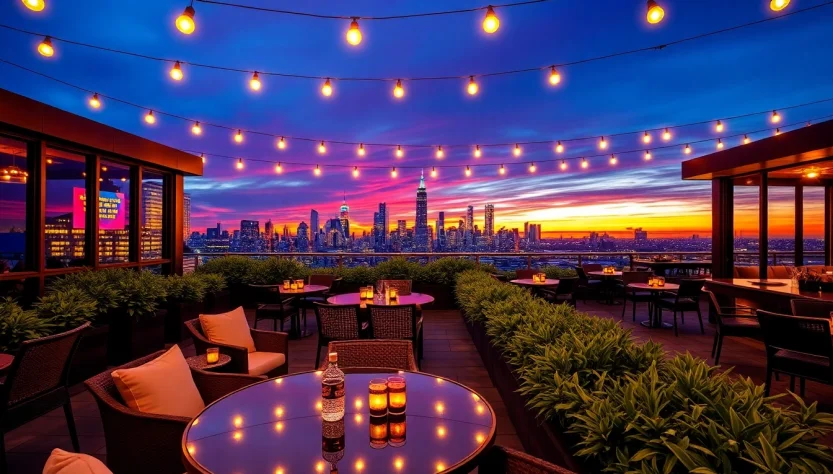 NoHu Rooftop Bar offers stunning Manhattan skyline views at sunset, enhancing your cocktail experience.