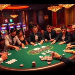 Players engage in a mega game of high-stakes poker, surrounded by slot machines and roulette wheels in a luxurious casino.