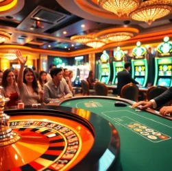 Excited players at a casino celebrating their wins while using keonhacai for online betting.