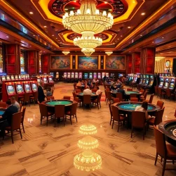 The lively atmosphere of a singapore casino featuring poker tables, roulette wheels, and illuminated slot machines, showcasing thrilling gambling activities.