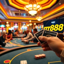 Experience thrilling gameplay at the casino with rr888 poker chips and vibrant slot machines in view.