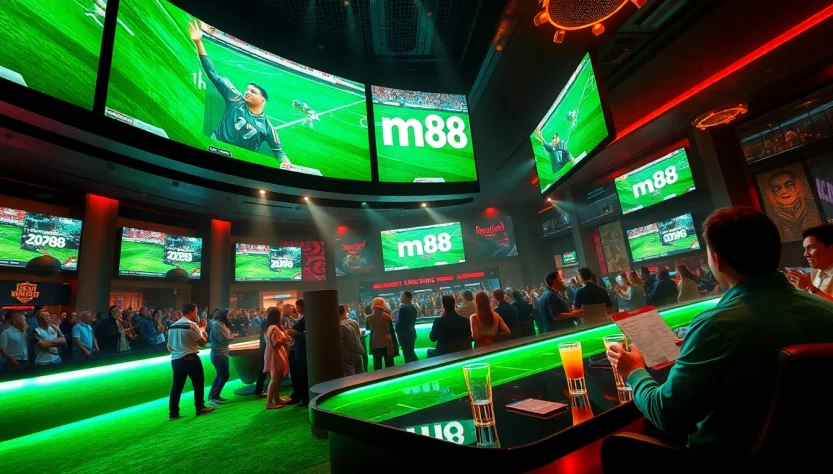 Betting enthusiast celebrating a win at the m88 betting lounge with vibrant screens.