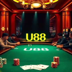 Experience the thrilling U88 poker table action with colorful chips and cards in a luxurious casino.