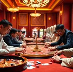 Players enjoy a thrilling round of เสือมังกร at a vibrant casino, complete with cards and chips.