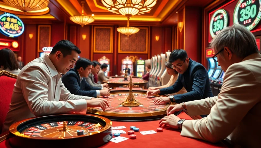 Players enjoy a thrilling round of เสือมังกร at a vibrant casino, complete with cards and chips.