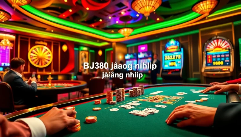 Experience the thrill of BJ88 đăng nhập as players engage at the casino's poker table with vibrant chips and cards.