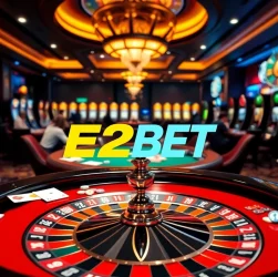 E2BET poker players engaged in a high-stakes game amidst vibrant casino atmosphere.