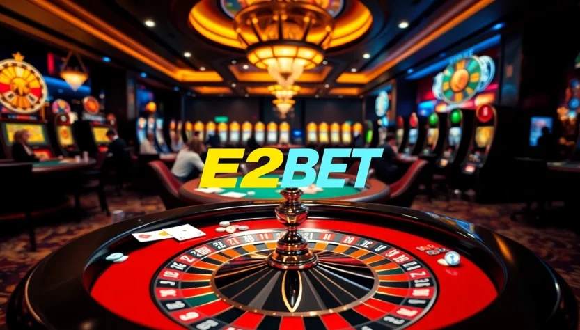 E2BET poker players engaged in a high-stakes game amidst vibrant casino atmosphere.