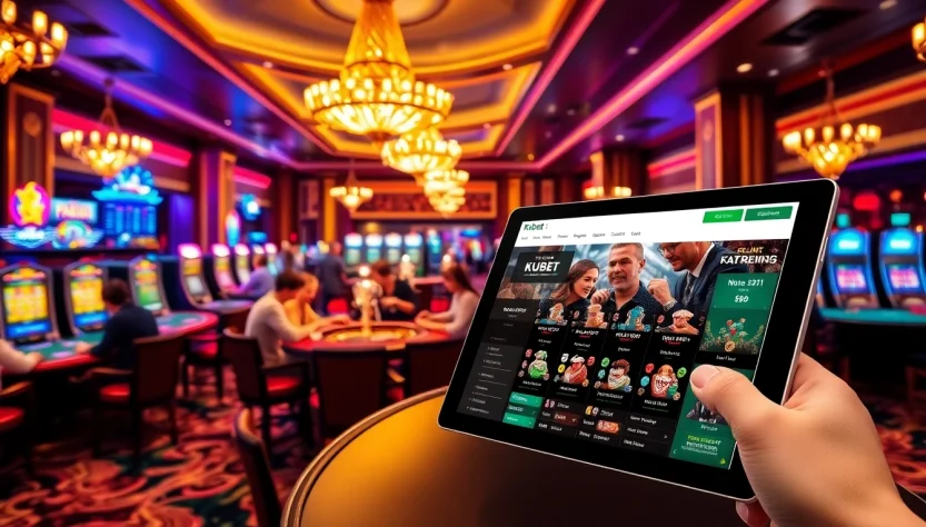 Kubet's exciting casino atmosphere with players at tables and colorful slot machines