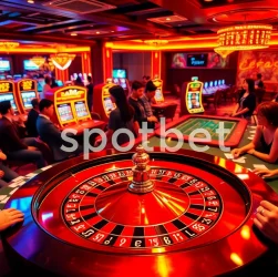 Players enjoying an exhilarating game at the spotbet roulette table, surrounded by vibrant colors and excitement.