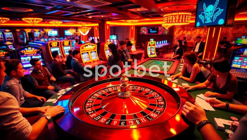 Players enjoying an exhilarating game at the spotbet roulette table, surrounded by vibrant colors and excitement.