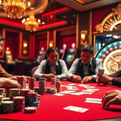 Kèo nhà cái is exemplified in this dynamic casino scene with players at a poker table and vibrant gaming elements.