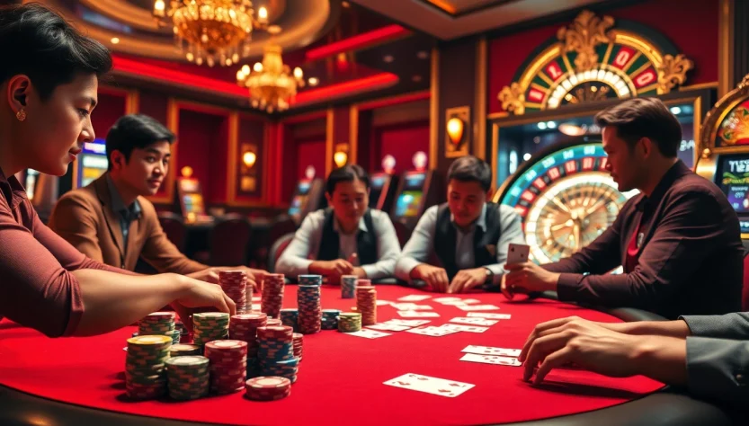 Kèo nhà cái is exemplified in this dynamic casino scene with players at a poker table and vibrant gaming elements.