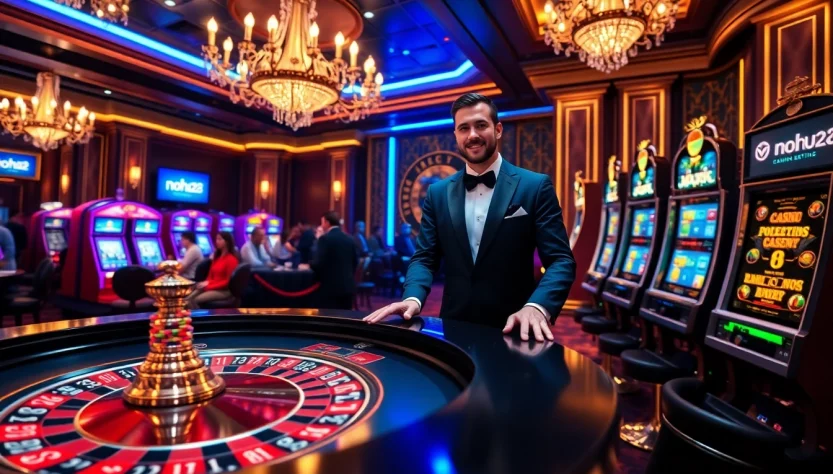 Nohu28 showcases a vibrant casino scene with players excitedly engaging in thrilling roulette and slot machine games.