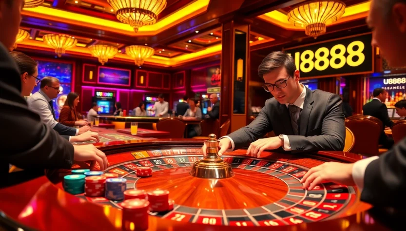 Players enjoying thrilling roulette action at U888 Casino with vibrant chips and a lively atmosphere.