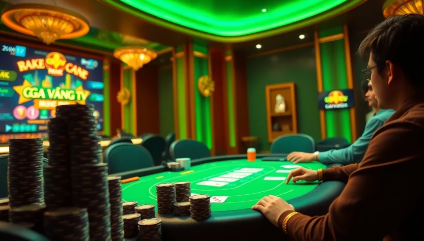 Gà Vàng TV showcases an exhilarating virtual poker game with poker chips and a vibrant atmosphere.