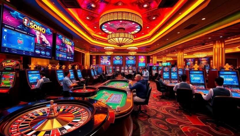 Explore the Top 10 nhà cái uy tín in this vibrant casino scene featuring excited players engaging at digital gambling tables.