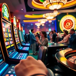 Players enjoying the thrilling game nổ hũ at a vibrant casino with colorful slot machines.