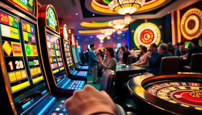 Players enjoying the thrilling game nổ hũ at a vibrant casino with colorful slot machines.