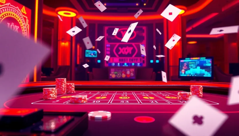 Experience xóc đĩa online with an exhilarating digital casino table showcasing vibrant betting chips and a live dealer.