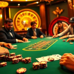 Experience the thrill of keonhacai at an intense poker table in a luxurious casino atmosphere, featuring vibrant poker chips and cards.