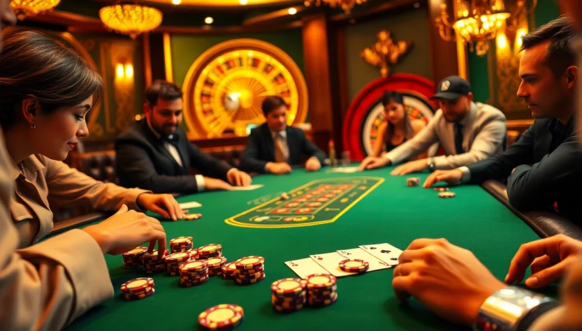 Experience the thrill of keonhacai at an intense poker table in a luxurious casino atmosphere, featuring vibrant poker chips and cards.