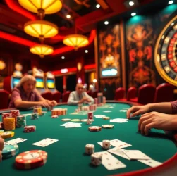 Exciting poker game featuring kèo nhà cái with vibrant chips and cards at a bustling casino table.