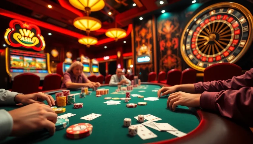 Exciting poker game featuring kèo nhà cái with vibrant chips and cards at a bustling casino table.