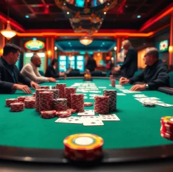 Players showcasing strategy and excitement at a top nhà cái uy tín poker table with vibrant chips and cards.