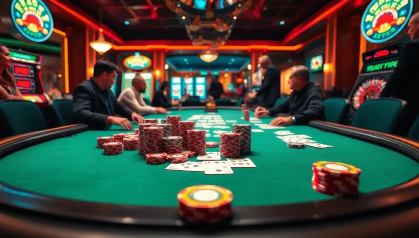 Players showcasing strategy and excitement at a top nhà cái uy tín poker table with vibrant chips and cards.
