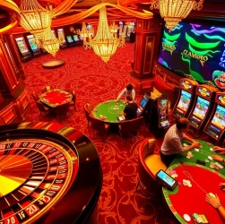 Experience the thrill of live gambling action at https://abc88taxi.com with players at tables and vibrant slot machines.