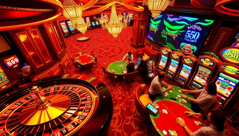 Experience the thrill of live gambling action at https://abc88taxi.com with players at tables and vibrant slot machines.
