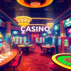 Experience the vibrant atmosphere of Unlimit Casino with players enjoying exciting slot machines and card games.